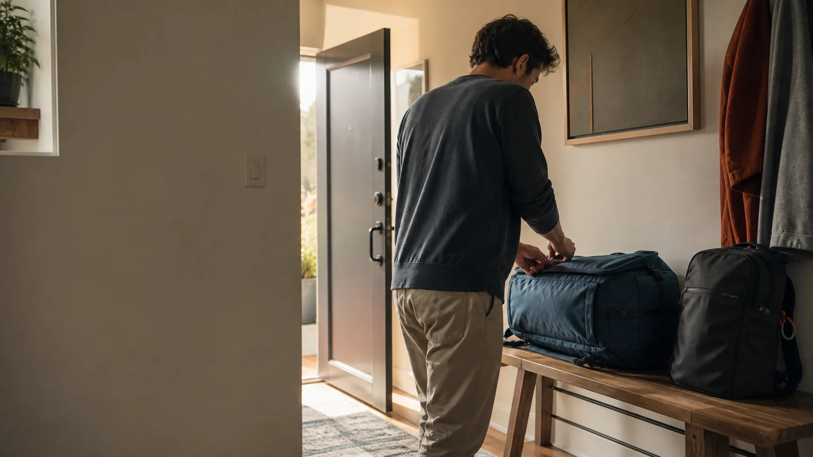 A traveller in a dark sweater zipping a blue duffel-style travel bag on a hallway bench by an open front door, with a smaller charcoal backpack beside it.