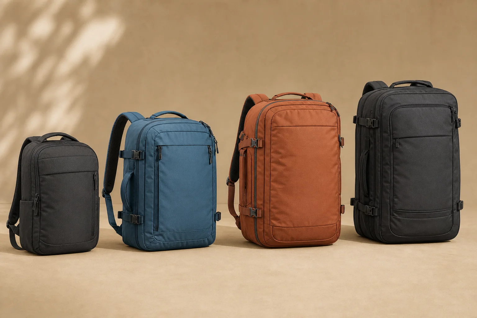 Four Kanso Travel bag concepts lined up left to right on a sand-coloured backdrop: a small charcoal daypack, a blue mid-size pack, a rust-orange carry-on pack and a large black travel pack.